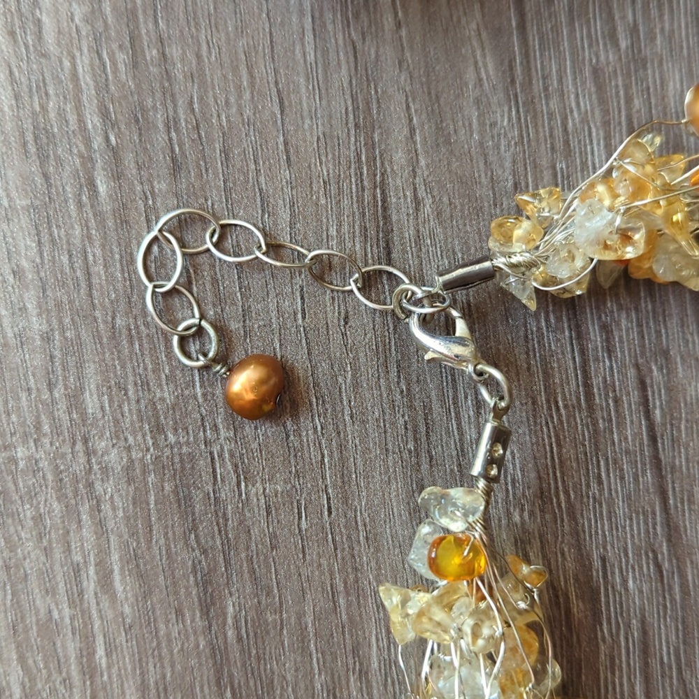 Statement Citrine and Pearl silver thick collar choker necklace adjustable - Picture 6 of 7